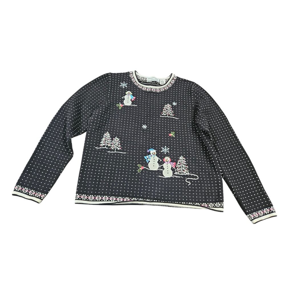 Alfred Dunner PL Snowman Ski Sweater Winter Snowflakes Christmas Knit Petite L